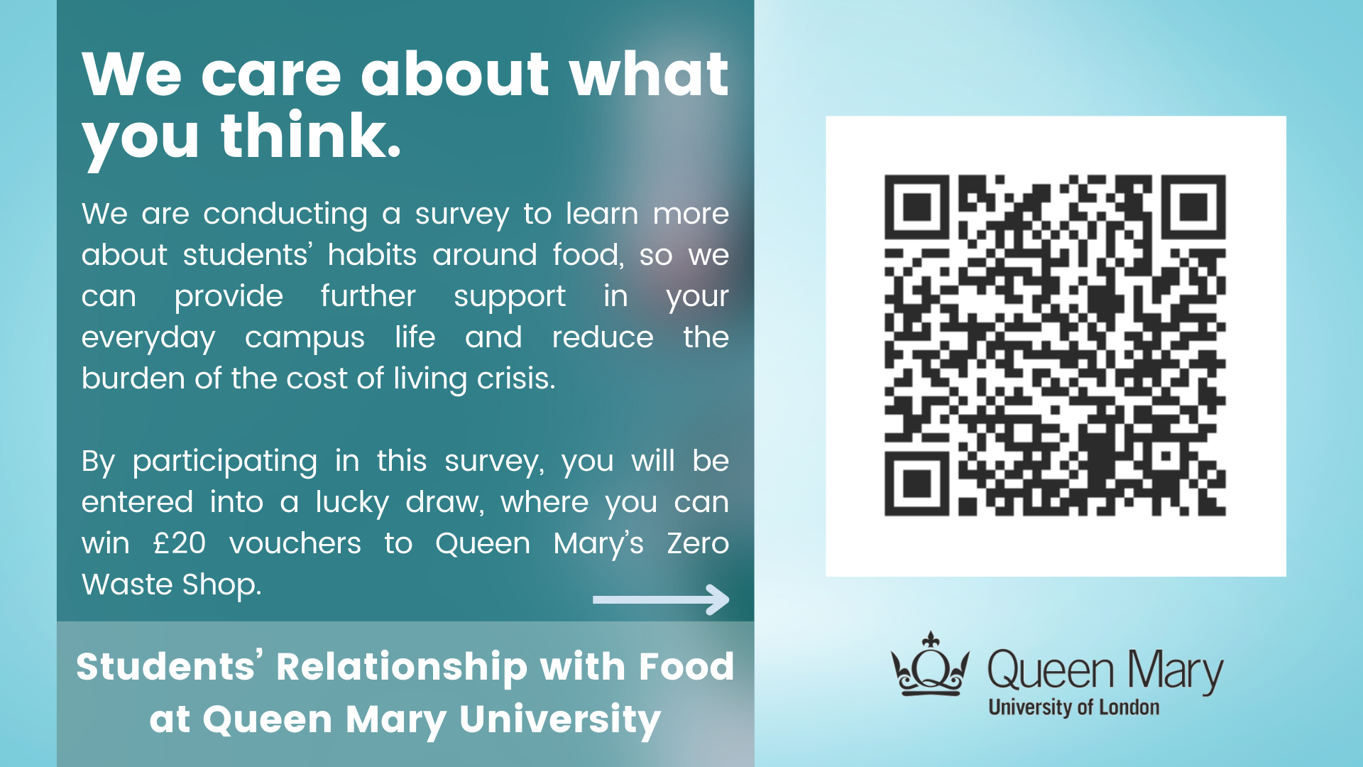 Students’ Relationship with Food at Queen Mary University survey link via QR code pictured